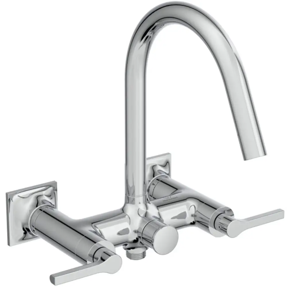 Chromfarbene Badarmatur mit zwei Hebelgriffen in modernem Design, montiert an der Wand, hergestellt von Ideal Standard.
